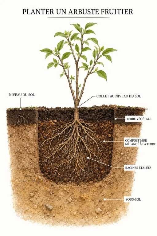 Schéma de plantation d'un groseillier avec trou, compost et positionnement des racines