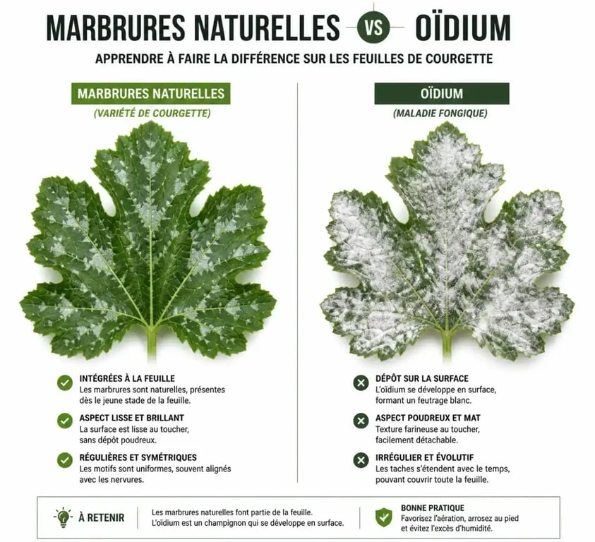 Différence entre marbrures naturelles et oïdium sur courgette, traitement oïdium courgette