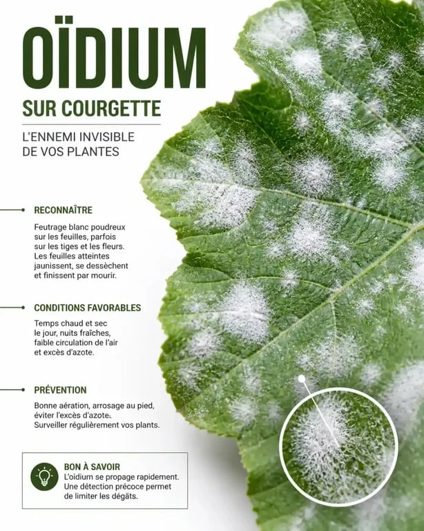 Feuille de courgette atteinte par l'oïdium, traitement oïdium courgette