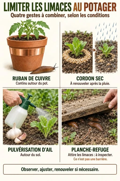 Infographie des répulsifs naturels contre les limaces avec cuivre, cordon sec, ail et piège