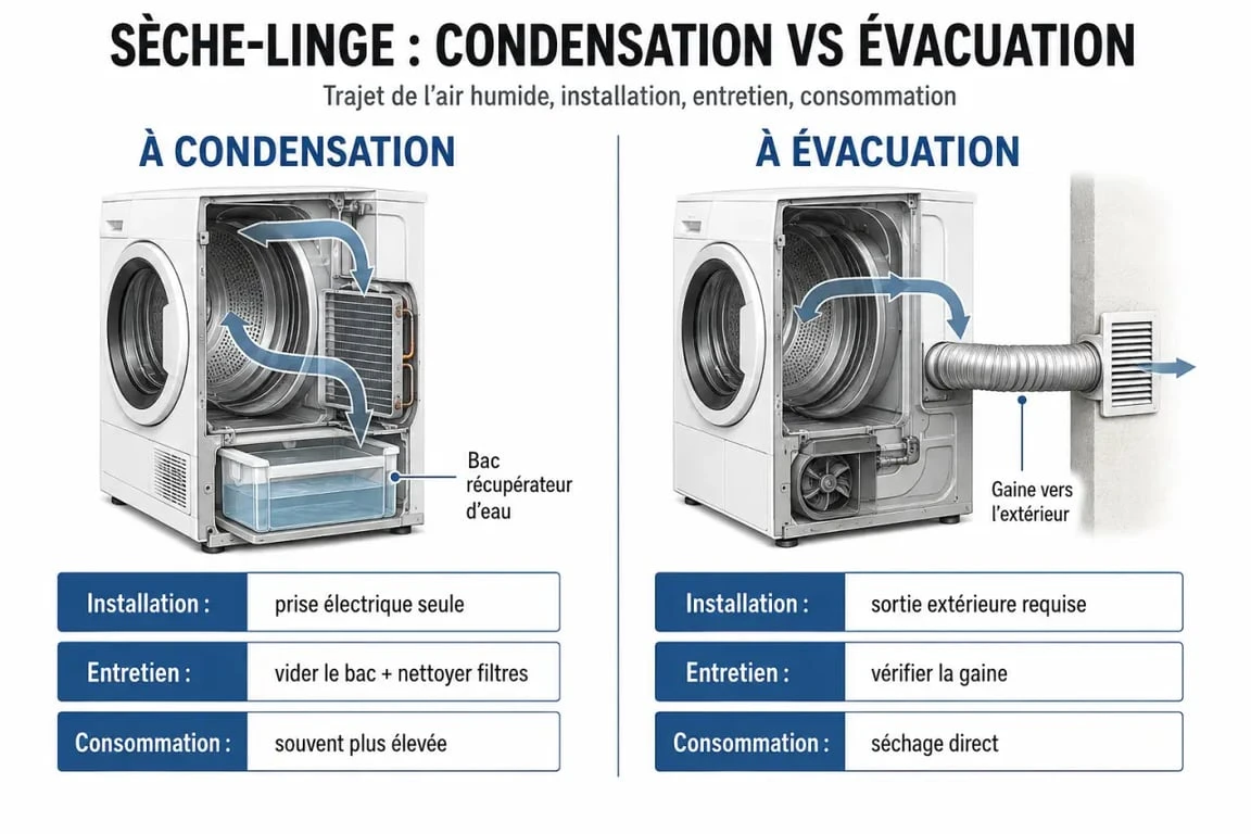 Différence sèche linge condensation ou évacuation : visuel comparatif éditorial des deux technologies