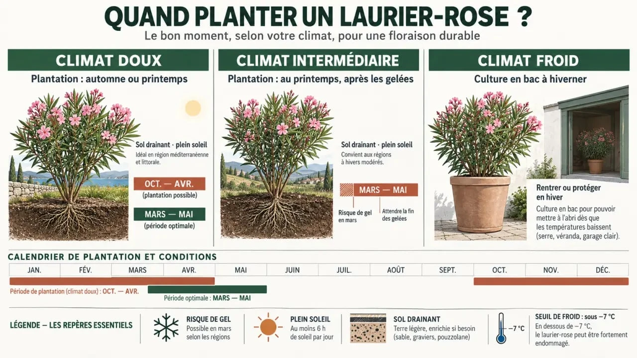 Infographie quand planter un laurier-rose selon le climat, le gel et le mode de culture