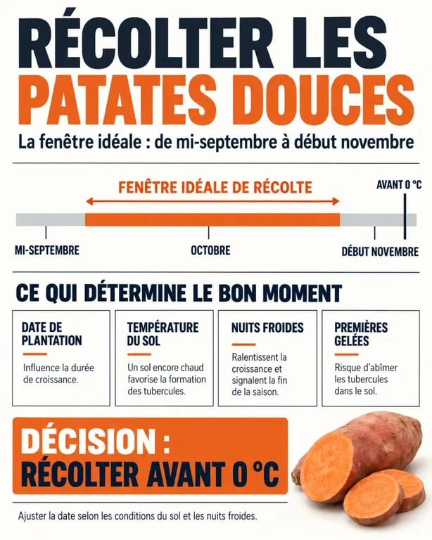 Infographie pour savoir quand récolter les patates douces avant les premières gelées