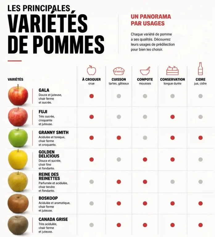 Infographie sur toute les variétés de pommes classées par usage, goût et conservation