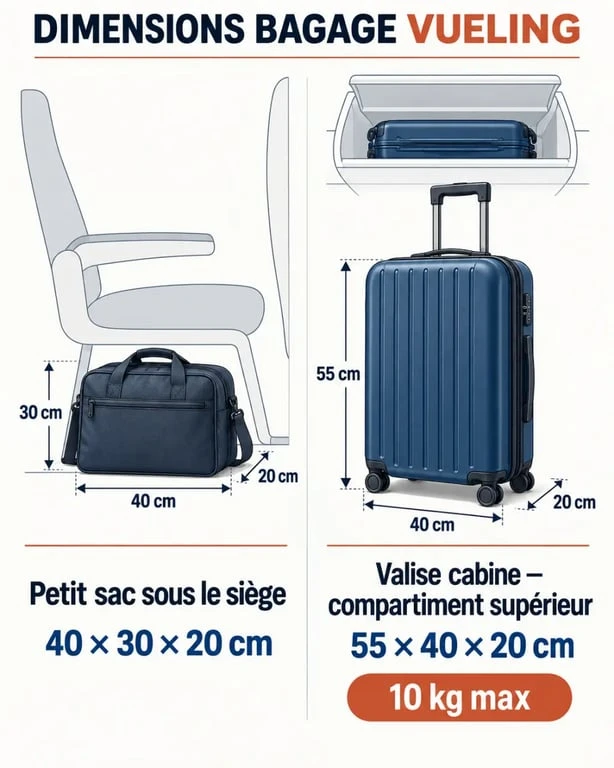 Infographie des dimensions bagage Vueling : sac 40 x 30 x 20 cm et valise cabine 55 x 40 x 20 cm