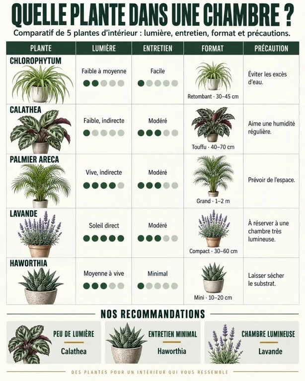 Infographie pour choisir quelle plante mettre dans une chambre selon la lumière et l’entretien