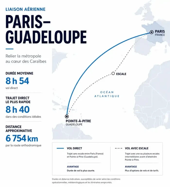 Infographie Paris Guadeloupe heure de vol : durée moyenne et trajet direct entre Paris et Pointe-à-Pitre