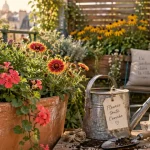 Plante qui fleurit toute l’année : jardinières en terre cuite avec ostéospermum et gaillardes