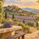 Plus belle region de france : paysage lavande avec village perché, Dordogne ou Bretagne
