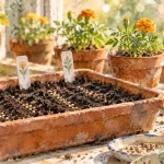 Semis oeillet d inde : graines en terrine et jeunes plants à planter