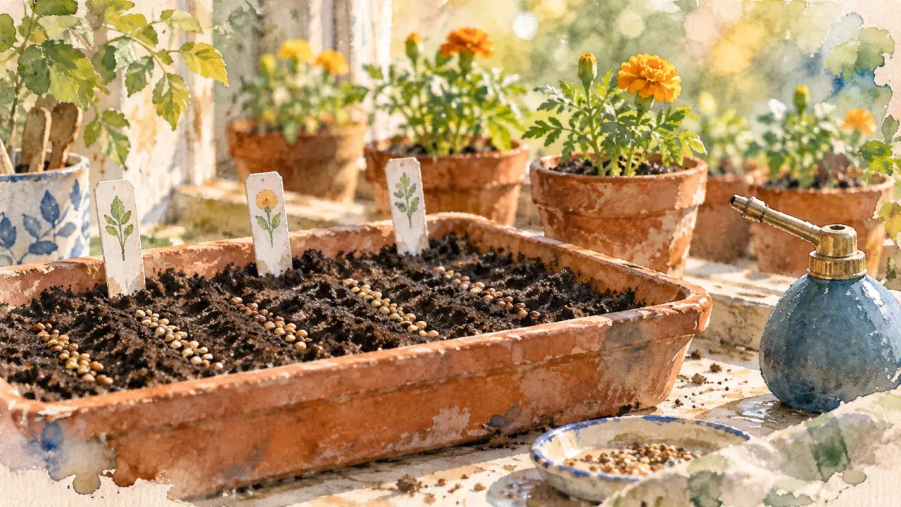 Semis oeillet d inde : graines en terrine et jeunes plants à planter