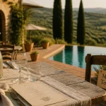 Toscane location maison : terrasse avec piscine privée et casale toscan
