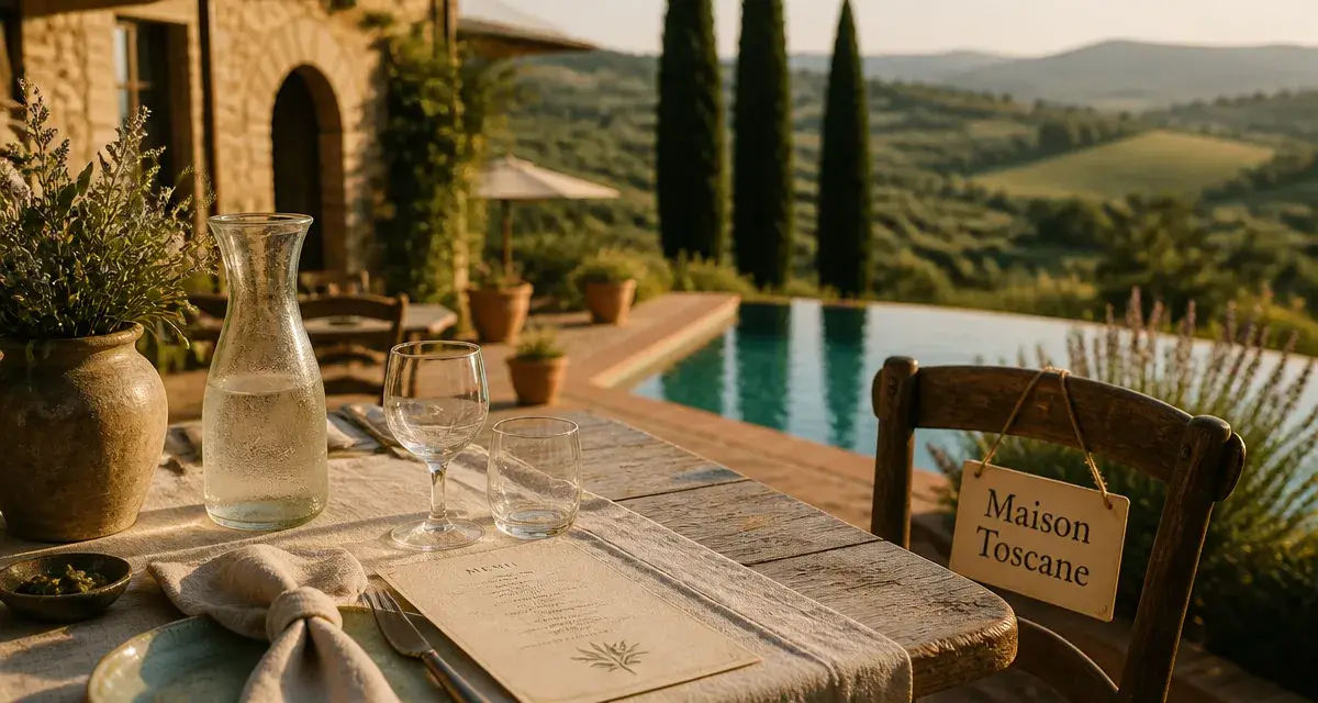 Toscane location maison : terrasse avec piscine privée et casale toscan