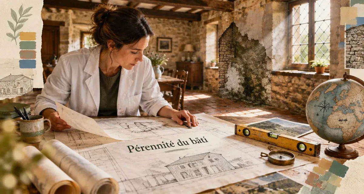 Architecte en rénovation d’une maison ancienne, plans sur table, cachet préservé