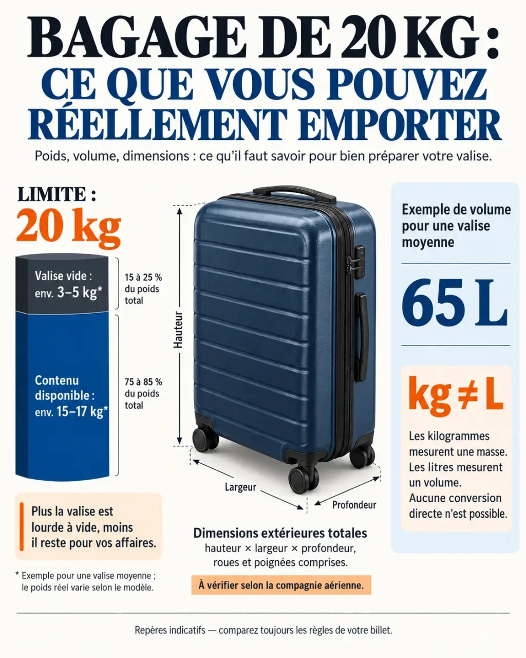 Visuel explicatif sur un 20kg bagage : poids à vide, contenu disponible, volume et dimensions avec roues