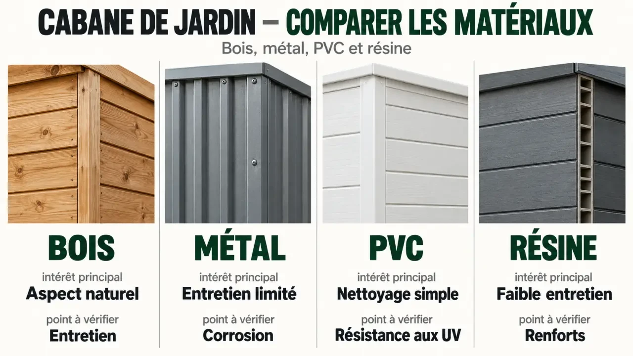 Comparatif visuel des matériaux pour une cabane à outils de jardin : bois, métal, PVC et résine