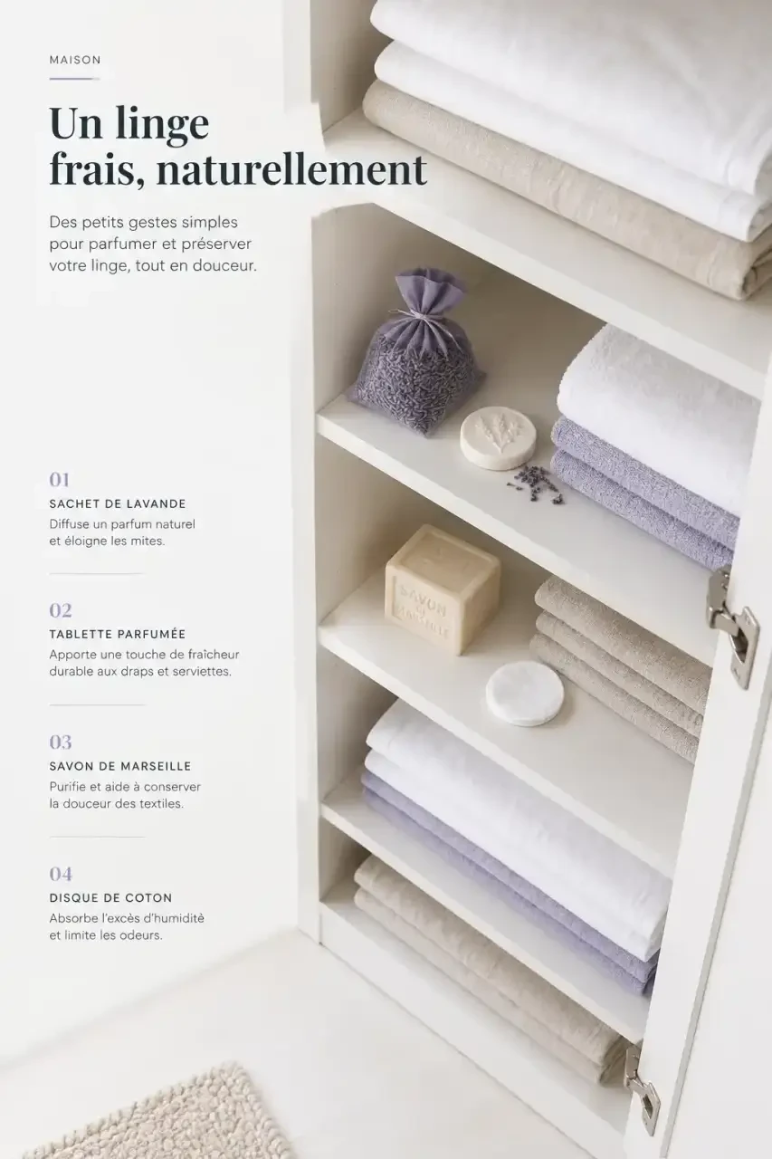 Comment parfumer son linge dans les armoires : sachet de lavande, tablette et savon répartis sur les étagères