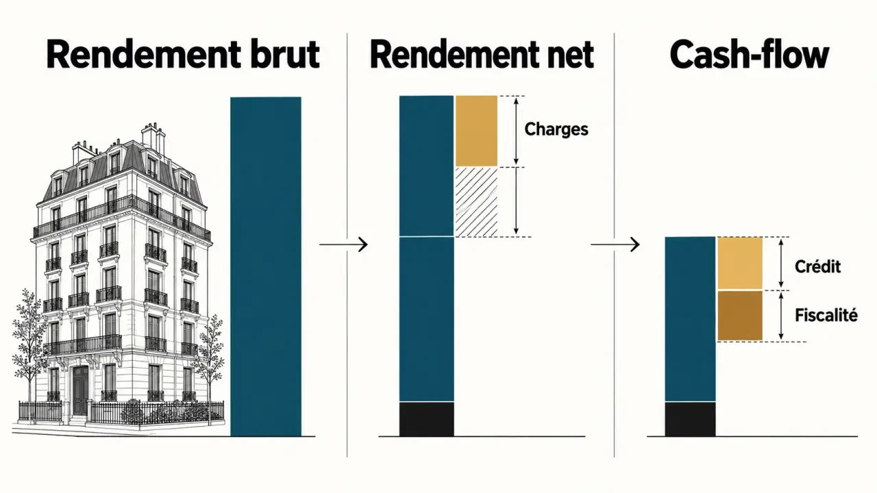 Formations investissement immobilier : schéma du rendement brut, du rendement net et du cash-flow