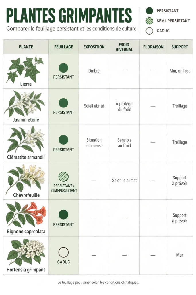 Infographie comparative des plantes grimpantes à feuillage persistant selon l’exposition et la rusticité