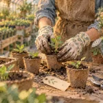 Horticulteur metier en serre-pépinière : rempotage de jeunes plants au matin