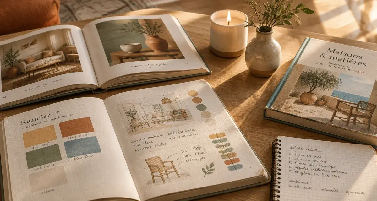 Livre décoration intérieur sur table basse, ambiance déco intérieure