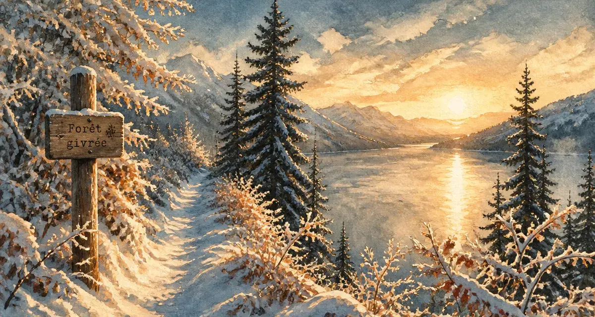 Paysages enneigés : forêt alpine givrée, sentier dans la neige et lac gelé