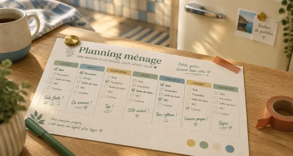 Planning nettoyage maison PDF : une checklist réaliste pour répartir les tâches sans sacrifier le week-end