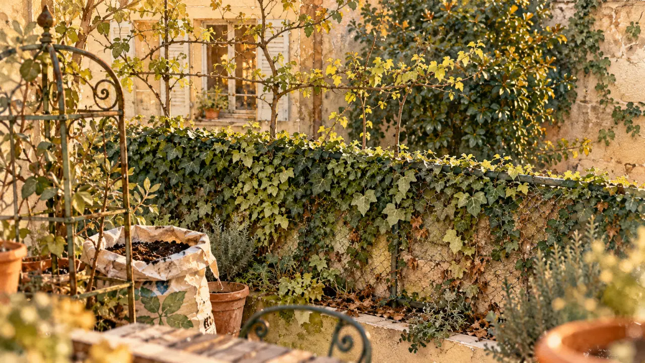 Plantes grimpantes à feuillage persistant : lierre vert sur clôture à l’ombre.